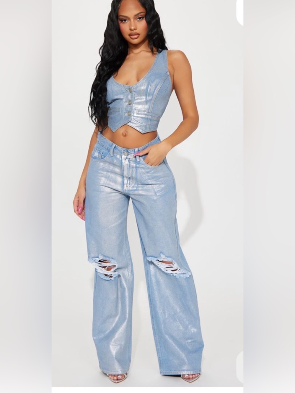 Fashion Nova Light Blue Shimmer Wide-Leg Ripped Jeans